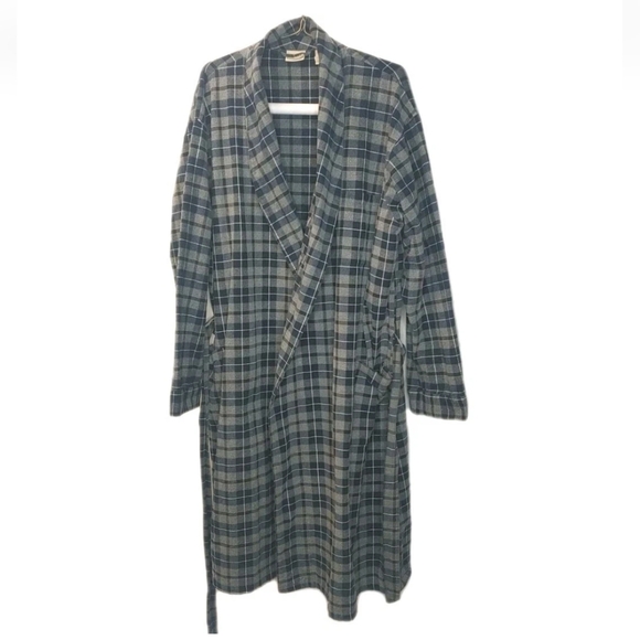 LL Bean Flannel Robe Men XXL Blue Scotch Plaid Belted Pockets Lounge Sleep Bath - Picture 1 of 10